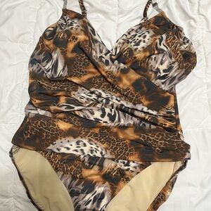 Shape FX Mixed Animal-Print One-Piece Swimsuit - Brown & Cream